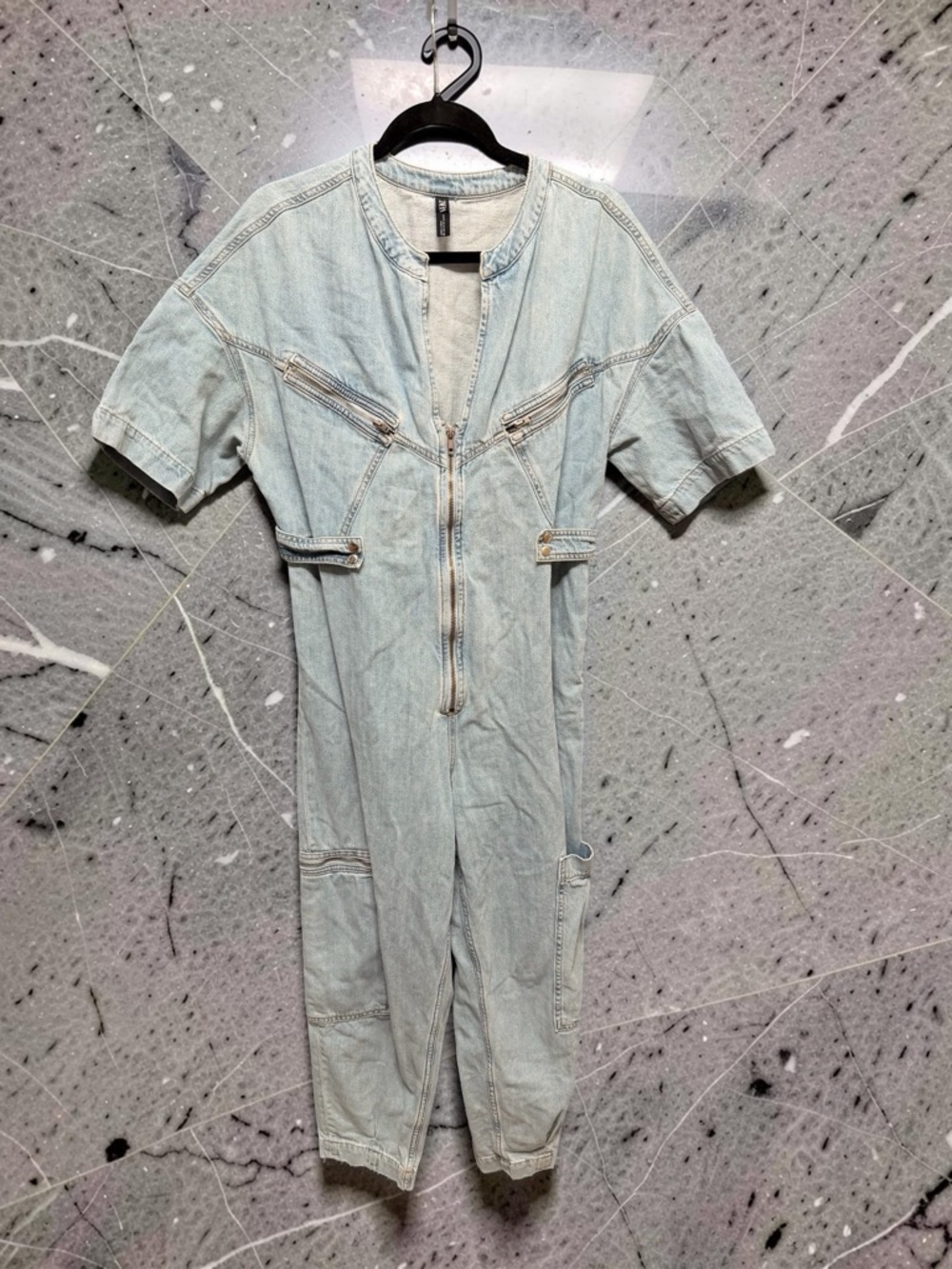 Zara Denim Utility Jumpsuit Light Wash Zip Front Boiler Suit Pockets Size Medium - Picture 2 of 6